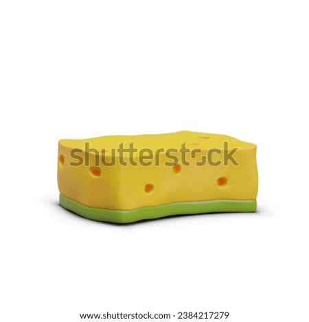 Yellow cleaning sponge made of soft, porous material for washing and bathing. Kitchen dishwashing sponge on white background. Cleaning home concept. Vector illustration in 3d realistic style