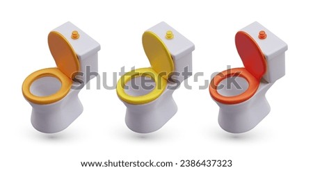 Set with toilet with gold red, gold and orange lid. New ceramic toilet bowl isolated on white background. Realistic model for home. Vector illustration