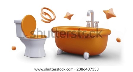 Collection of realistic toilet and bath with orange elements. Taking bath, cleaning and hygiene, water procedures concept. Vector illustration in 3d style