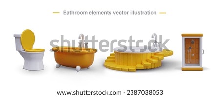 3D elements for interior of luxurious bathroom. Toilet, bathtub, round bath with water massage, shower cabin. Expensive and stylish sanitary ware. Set of isolated vector images for web design