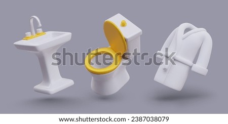 3D sink, toilet, white robe in cartoon style. Isolated vector objects in tilted position. Bath clothes and sanitary ware on gray background. Expensive goods, gold decor