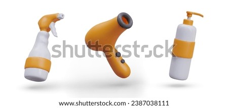 Realistic spray bottle with protection for hair, plastic bottle with shampoo and hair dryer with white background. Vector illustration in 3d style and orange elements