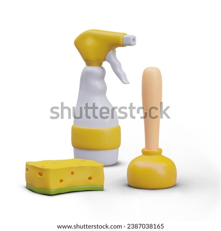 Professional plumber equipment. Chemical clean spray bottle and sponge. Toilet cleaning tool. Cleaning home concept. Vector illustration in 3d style in yellow colors