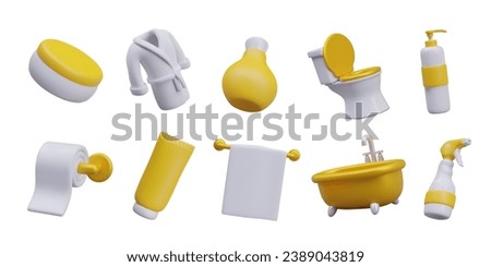 Set with different furniture, cosmetic and equipment for bathroom. Plastic bottles with cosmetic and detergent, bathrobe and towels, home plumbing. Vector illustration in 3d style