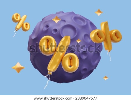 Realistic purple planet with craters, golden holiday balloons discount. Vector concept of promotion, sale, event. Profitable offer for buyers, clients, users