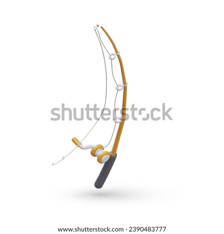 Fishing wooden realistic rod. Fishing and active hobby concept. Professional equipment for fisherman. Fishing time concept. Vector illustration in 3d style