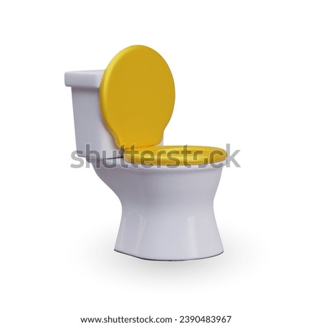 Open new ceramic toilet bowl isolated on white background. Luxury toilet with gold lid. 3d home concept. Realistic model. Vector illustration with place for text