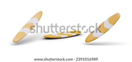 Surfing board set in different positions. Board for swim on waves. Surfing on ocean big wave. Water surfing. Vector illustration in 3d style on white background