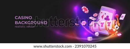 Advertising online casino on black background with neon effect. Concept of nightclub with gambling. Slot machine with three sevens, chips, cards, dice, smartphone. Phone game application