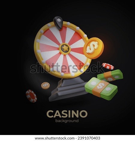 Concept of wheel of fortune in casino. 3D disk with colored sectors, poker chips, coins. Vertical poster on black background, place for text. Online betting