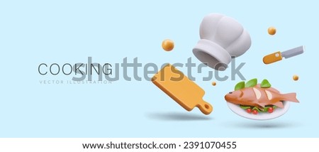 Composition with knife, plate with tasty fish, food cutting board, and chef hat. Vector illustration in 3D style with blue background and place for text and blue background