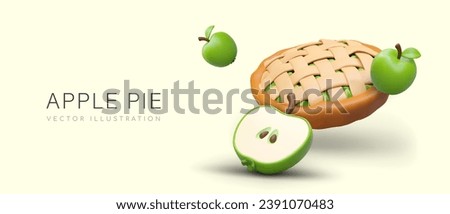 Poster with apple pie on yellow background and place for text. Concept of sweet bakery with fruits. Traditional homemade apple pie, vegan meal. Vector illustration in 3d style