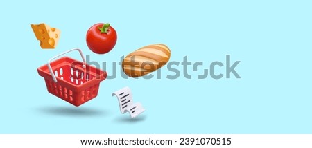 Red shopping basket, cheese, tomato, bread, paper receipt. Concept of buying and paying in grocery store. Advertising banner in cartoon style. Place for store logo, address, promotional date