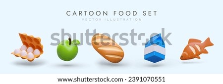 Set of icons in cartoon style. Eggs, apple, bread, milk, fish. Labels for product categories in store, menu, recipe. Isolated colored vector illustration