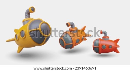 Set of submarines of different colors and in different positions. 3D illustration in cartoon style. Underwater excursions, deep diving. Trip to ocean floor, seabed