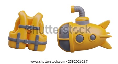 Cartoon realistic yellow life jacket and submarine. Safe diving, exploration of underwater world. Bathyscaphe travel concept. Vector illustration in 3d style