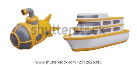 Yellow submarine, yacht. Water vehicles. Excursions on sea, ocean. Deep diving. Toy transport. Isolated color illustrations. Templates for design of online games, sites, applications