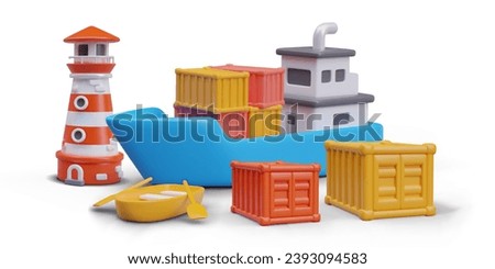 Cargo ship with containers, rowing boat, lighthouse. 3D color illustration. Bright scene in port. Cargo delivery. Transport services. Image in cartoon style
