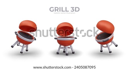 Realistic red grill in different positions. Cooking meat on fire. Empty portable barbecue BBQ grill. Vector illustration in 3d style with white background and place for text