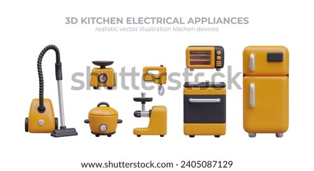 Kitchen electrical appliance collection. Realistic refrigerator, gas and electric oven, juicer, and mixer for food preparation, weights in yellow color, slow cooker and vacuum cleaner. 3d vector