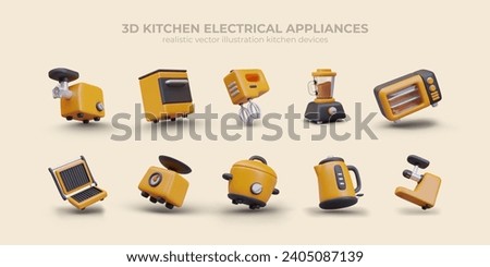 Collection with kitchen electrical appliances. Microwave and gas oven for cooking, blender and meat grinder for chopping meat. Kitchen scales, slow cooker and kettle. Vector illustration in 3d style