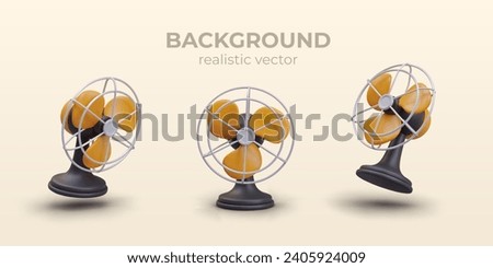 Set of classic portable table fans. Household electrical appliance for air cooling in heat. Line of devices for home and office. Realistic model in different positions