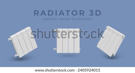 Poster with realistic radiator in different positions. Battery for central home heating. White radiator equipment on blue background with place for text. Vector illustration in 3d style