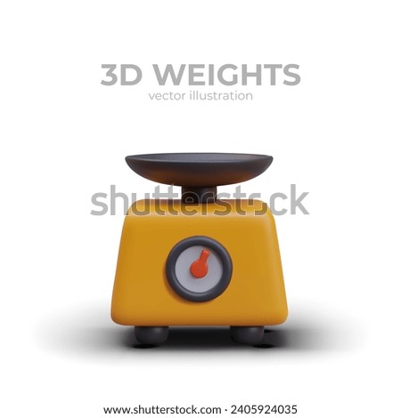 Yellow weights on white background with place for text. Weighing products in kitchen. Equipment for home. Vector illustration in realistic 3d style with white background