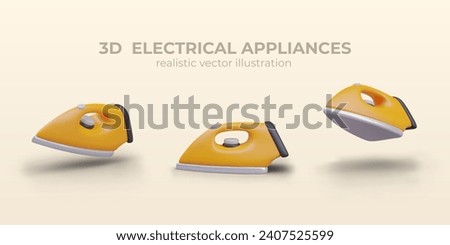 Realistic electric iron with regulator. Device for smoothing fabric. Household appliances. Vector model in different positions. 3D templates for advertising, online stores