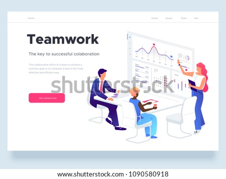 People work in a team and interact with graphs. Business, workflow management and office situations. Landing page template. 3d vector isometric illustration. 商業照片 © 