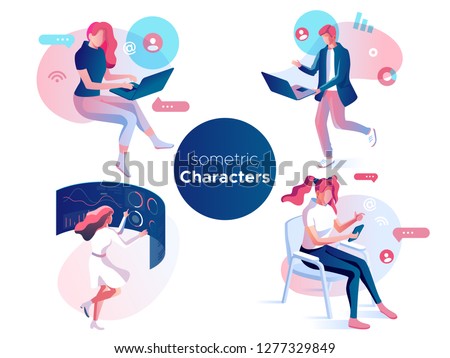 People work and interacting with graphs, icons and devices. Data analysis and office situations. 3D Isometric vector illustration set. Mobile application and website header images on white background.