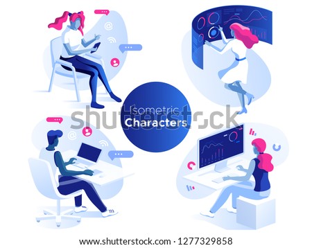 People work and interacting with graphs, icons and devices. Data analysis and office situations. 3D Isometric vector illustration set. Mobile application and website header images on white background.