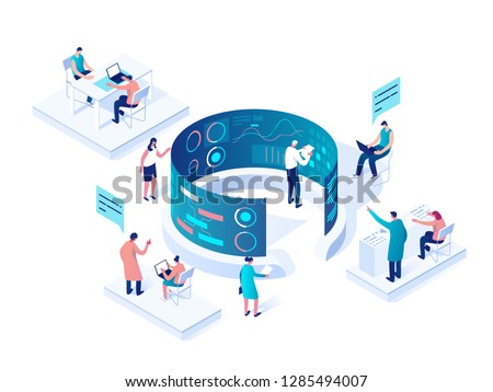 People interacting with charts and analyzing statistics. Data visualization concept. 3d isometric vector illustration.