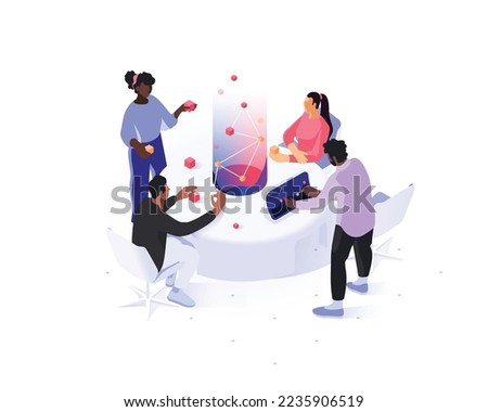 People interacting with charts and analyzing statistics. Data visualization concept. 3d isometric vector illustration. Foto stock © 