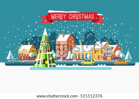 Cityscape. The city in christmas. Urban landscape . Vector flat illustration.