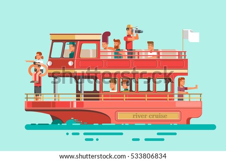 Tourists on cruise ship sailing on the river, have a rest and take photos. Vector illustration.