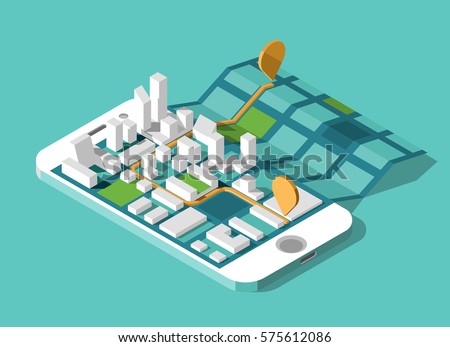 City isometric plan with road and buildings on screen smartphone. Map on mobile application. Vector illustration. 