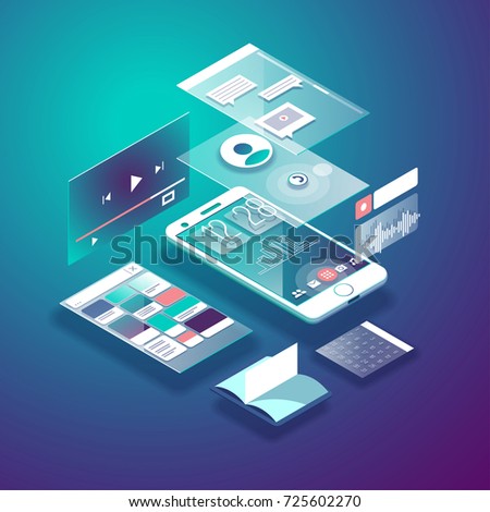 Isometric mobile phone. Smart and simple web interface with different apps and icons. 3d vector illustration.