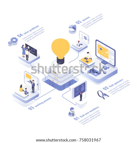 People work in a team and achieve the goal. Startup concept. Launch a new product on a market. Isometric vector illustration.