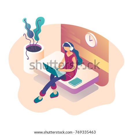 A girl sitting on the sofa works on the laptop and listens to music. Vector isometric illustration