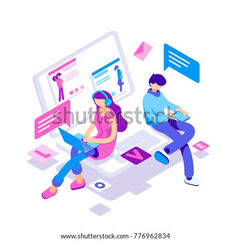 virtual relationships, online dating and social networking concept - teenagers chatting on the Internet. Vector 3d isometric illustration.