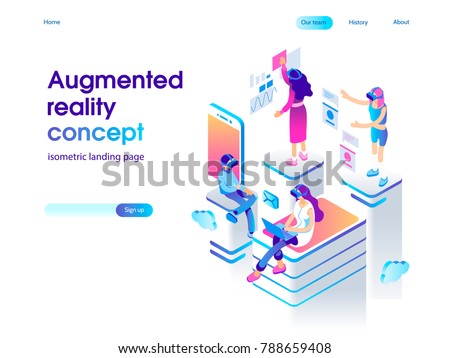 Virtual augmented reality glasses concept with people learning and entertaining. Landing page template. 3d vector isometric illustration.
