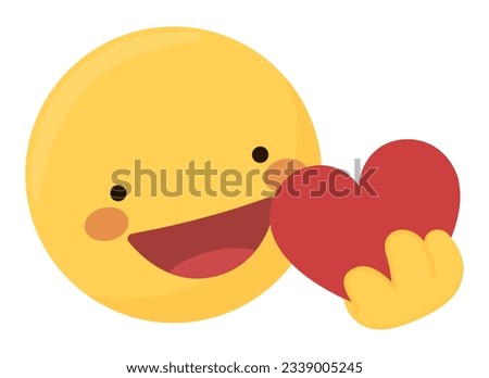 Emoticon in love holding a heart with his hand.
Cute smiling emoji face, happy to have a heart to share or gift and give love.
Sticker, clipart, to use in chat, designs, printables. Vector, clip art