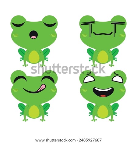 Vector set of cute green Frog emoji faces with various expressions. Isolated on white background