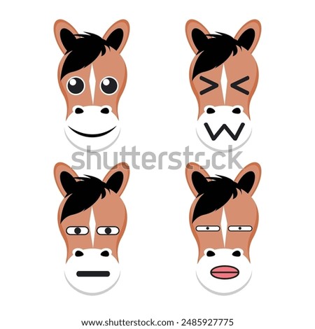 Vector set of cute Horse face emoticons with various expressions. Isolated on white background.