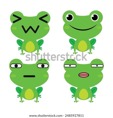 Vector set of cute green Frog emoji faces with various expressions. Isolated on white background