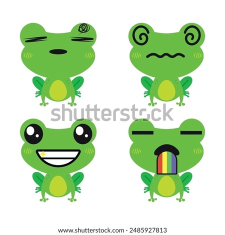 Vector set of cute green Frog emoji faces with various expressions. Isolated on white background