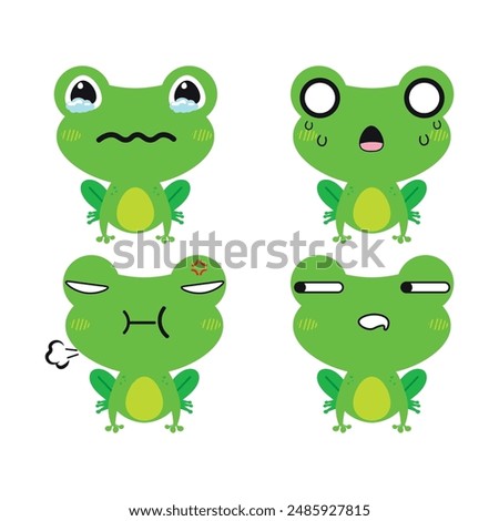 Vector set of cute green Frog emoji faces with various expressions. Isolated on white background