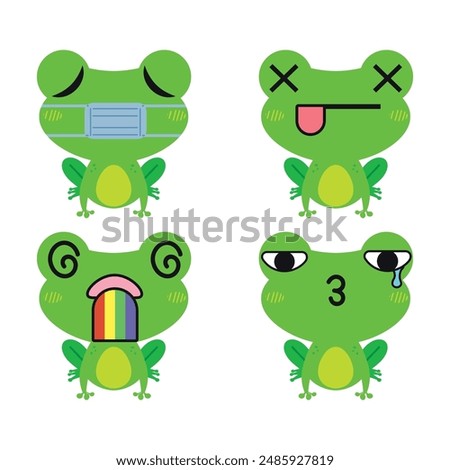 Vector set of cute green Frog emoji faces with various expressions. Isolated on white background