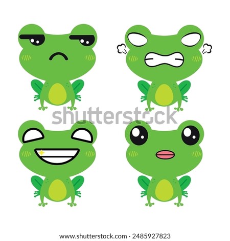 Vector set of cute green Frog emoji faces with various expressions. Isolated on white background